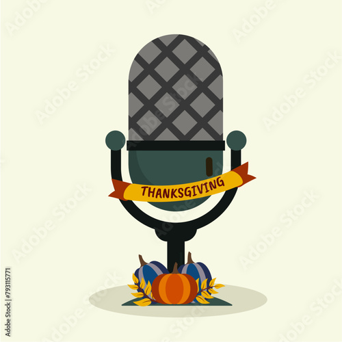 Flat Design Thanksgiving Day Illustration with Retro Microphone and Pumpkins