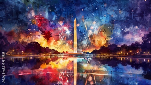 Fireworks Vibrant Independence Day Explosions over the Majestic Washington Monument in Traditional Watercolor Style
