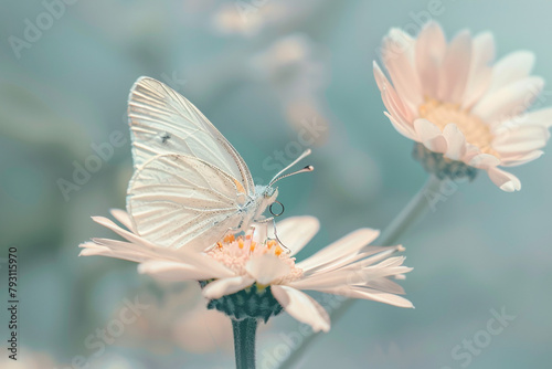 A macro shot of a delicate butterfly perched on a pastel-colored daisy.