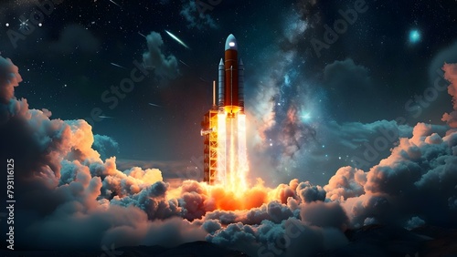 Rocket launch symbolizes growth for small and corporate businesses through technology. Concept Technology, Business Growth, Rocket Launch, Corporate Success, Small Business Success
