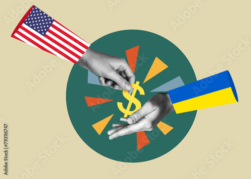 US aid to Ukraine. The flag of the US and Ukraine. Financial Aid. Art collage.