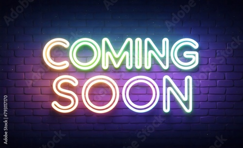 A green pink neon sign with glowing lights displaying the words "Coming Soon" on a backdrop of a textured purple brick wall