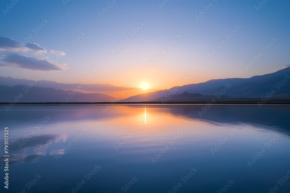 Breathtaking Sunrise Reflection on Serene Mountain Lake with Ethereal Atmosphere