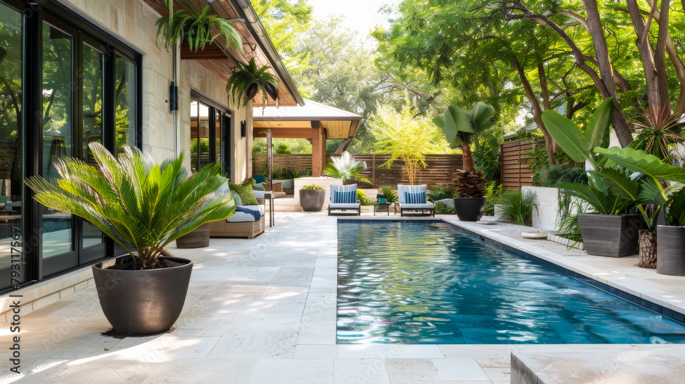 Backyard patio and pool, in the style of soft tonal transitions, large potted plants, lively interiors, monochromatic color