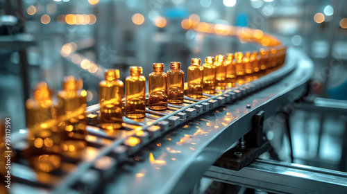 Conveyor Belt carrying rows of small glass medicine bottles of pharmaceutical production