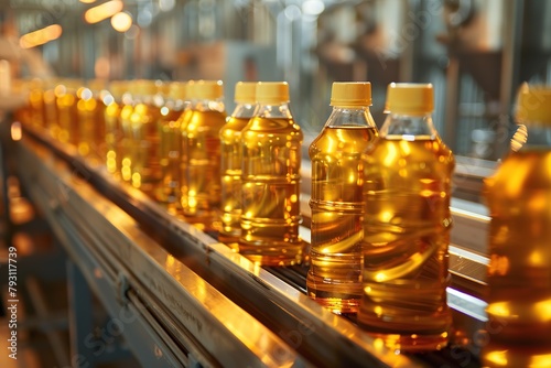 Sunflower oil in the bottles on production line © Alina