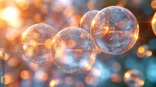   A collection of bubbles hovering above a blue-yellow backdrop, superimposed with a softly blurred bubble depiction photo