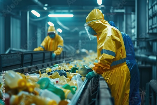 Workers in biohazard suits sorting waste on conveyor with different household waste in factory
