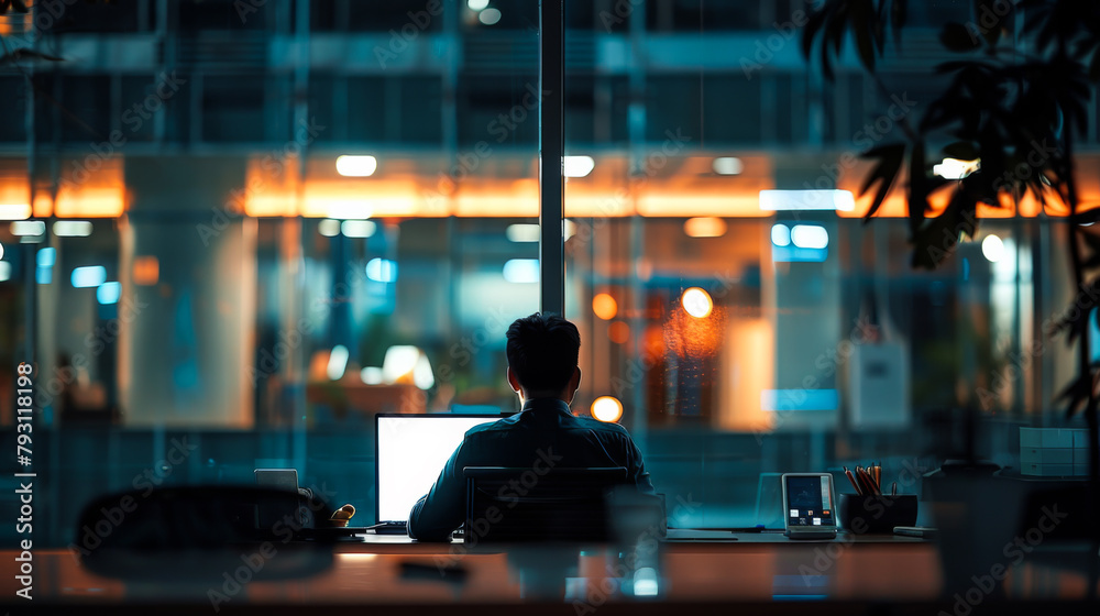 Rear view of a businessman who is working in the office at the computer.