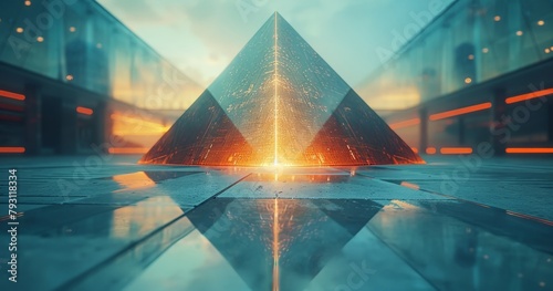A glass pyramid with a reflection of a blurred sunset city lights in it on a reflective surface with a blurry background. photo