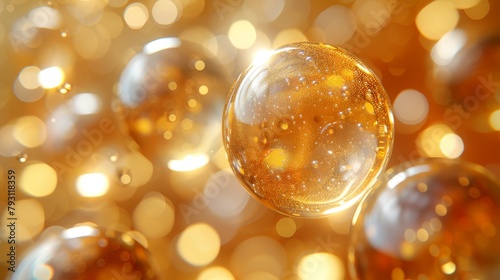  A tight shot of multiple bubbles drifting in mid-air against a hazy backdrop of gold and white