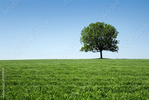 A lush green meadow under a clear blue sky, with a single tree in the distance.