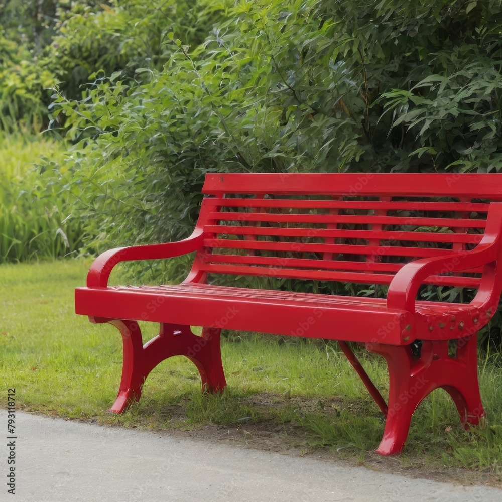 Red wooden bench in the park with green trees in the background. AI generated Red wooden bench in the park with green trees in the background. AI generated