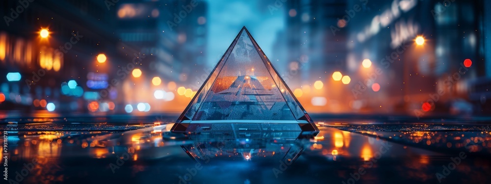 A glass pyramid with a reflection of a blurred sunset city lights in it on a reflective surface with a blurry background. - obrazy, fototapety, plakaty 