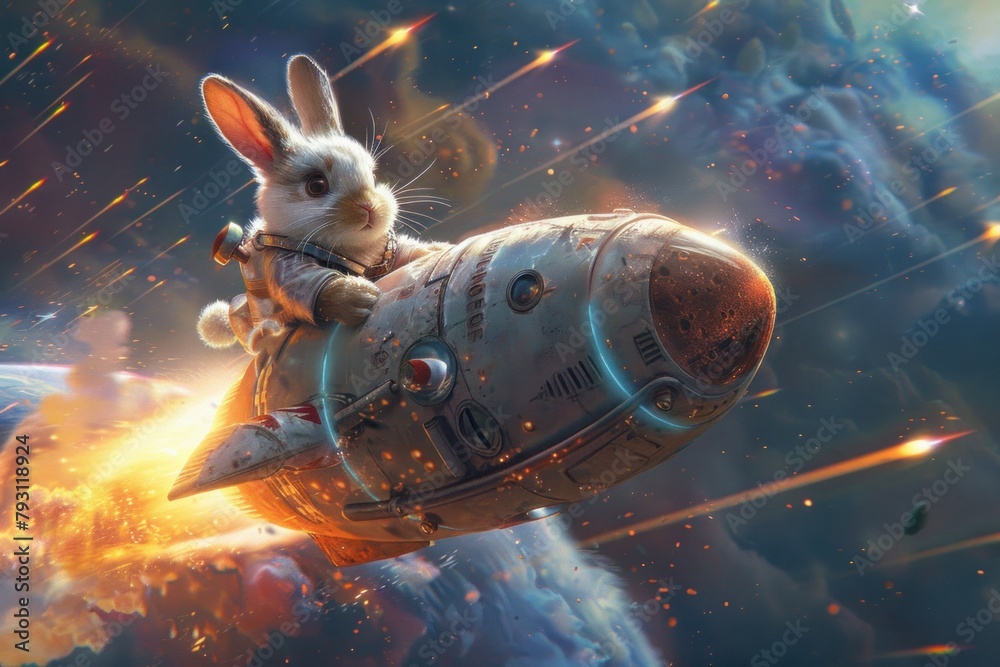 Witness the wonder of Easter as our bunny astronaut rockets through the stars in a cosmic egg-shaped vessel! - obrazy, fototapety, plakaty 