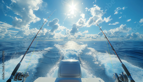 Speed boat rides extremely fast in open ocean waves with two tuna fishing rods fixed on deck stern. Evening sunset time sport angling. Active sporty people vacation and traveling concept image. photo
