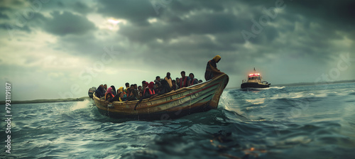 Old wooden single motor boat vessel overloaded with African refugees people chasing by Coast Guard boat in open sea near Africa. SOS, war refugees and social and mental poverty issues concept image. photo