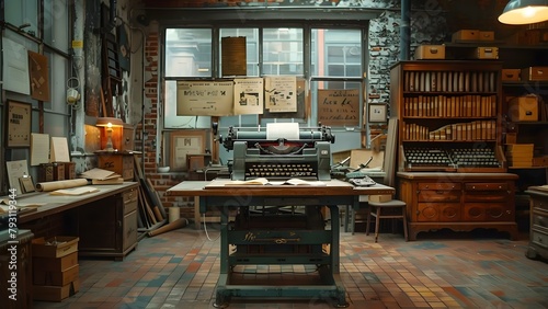 Vintage Printing Workshop: Inside Look at Old Press and Typesetting Desk. Concept Printing Press, Typesetting, Vintage Workshop, Printing Techniques, History of Printing © Ян Заболотний