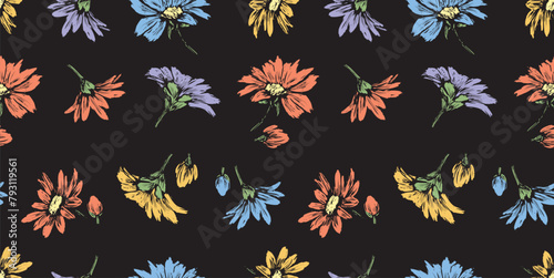 Floral, seamless pattern,camomiles, hand drawn,textured, flowers,flower head,silhouette, daisy, leaves,yellow, blue,orange,lilac, vector, black background, fabric,textile