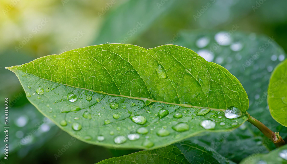 Close-up of fresh green leaf with water drops. Spring or summer season. Close-up of fresh green leaf with water drops. Spring or summer season.