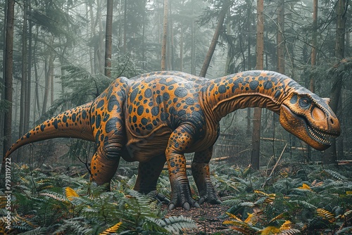 Majestic Prehistoric Brontosaurus Thriving in Lush Ancient Forest Backdrop © Sataporn