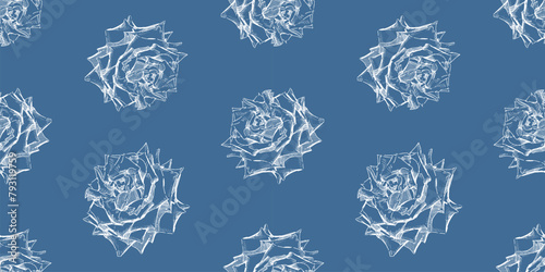 Roses flower heads, petals, blossom, white, sketch, contour drawing, seamless pattern, vector background, textile,paper,fabric