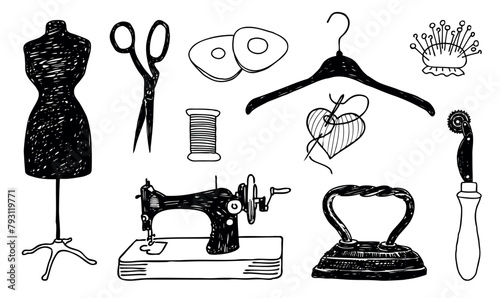 Sewing tools, mannequin, scissors, thread reel, iron, needle, sewing machine, tailor chalk, pins, hanger, set, retro,doodle,set, vector hand drawn illustration, isolated
