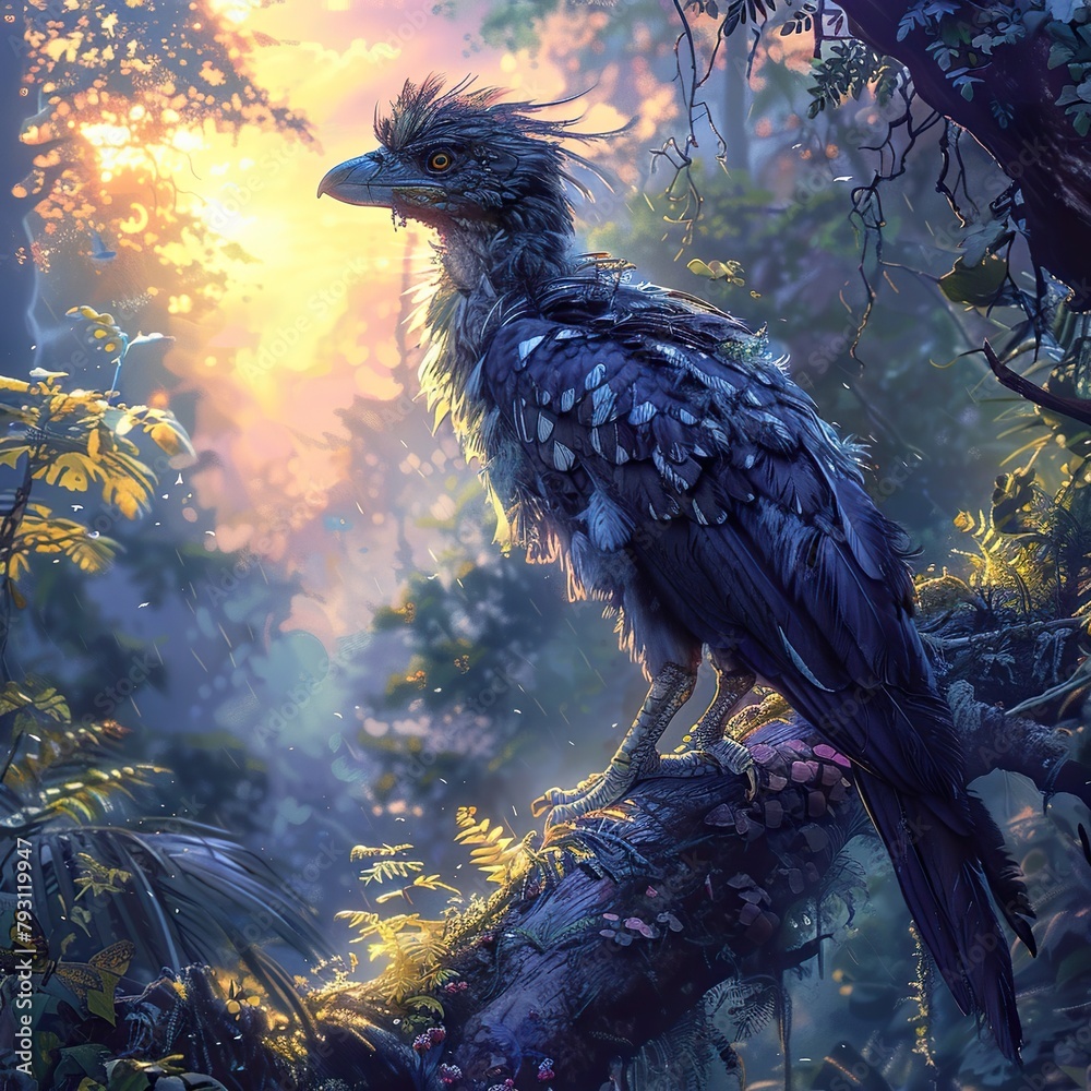 Fototapeta premium Mysterious Archaeopteryx Perched in Enchanted Forest with Delicate Plumage and Blended Avian Reptilian Features