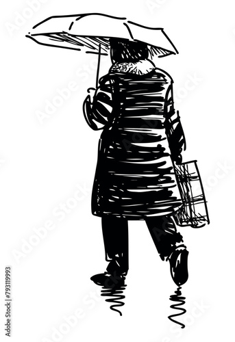Woman, umbrella, coat,bag,striding, motion, silhouette,doodle sketch, black, vector hand drawn illustration isolated on white