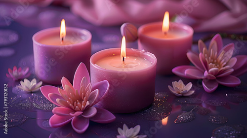 three candles with little lotus flowers on a purple background