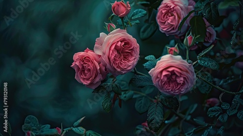 A vertical photo of delicate fresh pink roses adorning a green branch looms brightly with youthful charm