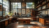 Interior of vintage printing workshop with old press and typesetting desk. Concept Printing Press, Vintage Workshop, Typesetting Desk, Industrial Interior, Retro Aesthetic