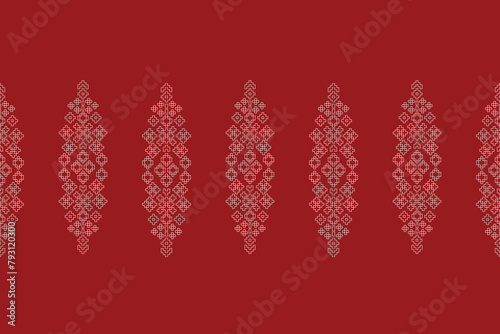 Traditional ethnic motifs ikat geometric fabric pattern cross stitch.Ikat embroidery Ethnic oriental Pixel red background. Abstract,vector,illustration. Texture,christmas,decoration,wallpaper.