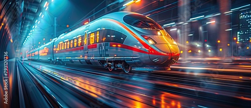 Sleek High Speed Train Cutting Through Breathtaking Natural Landscape with Dramatic Lighting and Motion Blur