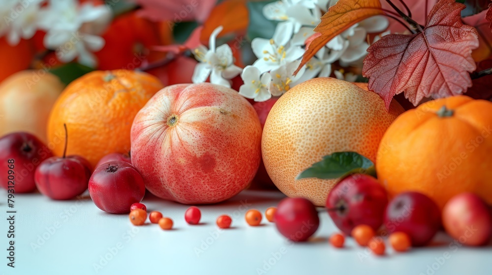  A collection of oranges, apples, and various fruits on a table against a backdrop of leaves and flowers
