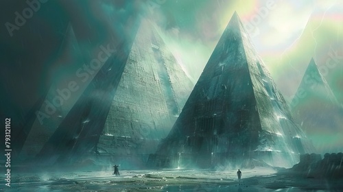 Towering Futuristic Pyramids in a Technologically Advanced Sci Fi Landscape with Glowing Energy Fields