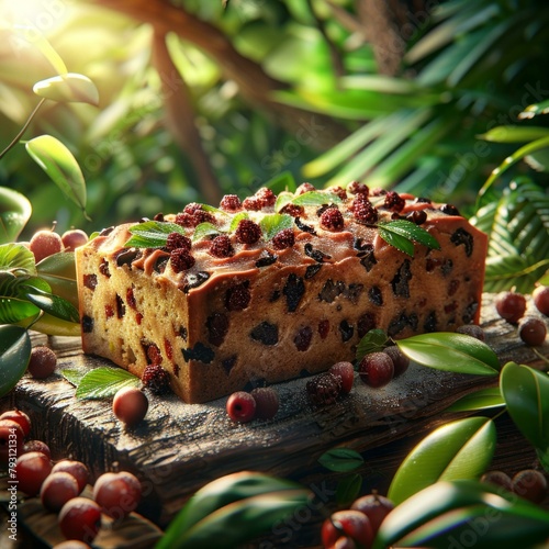 b'Close-up of a delicious fruitcake on a wooden table in the forest' photo