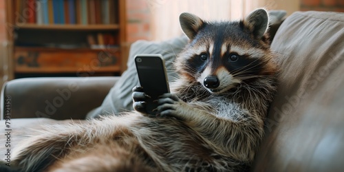 Raccoon texting on smartphone