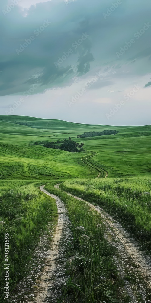 Countryside dirt road through rolling green hills