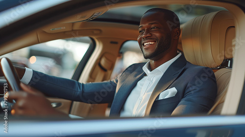 Portrait of handsome African American man smiling and driving his car. Lifestyle concept © anatoliycherkas