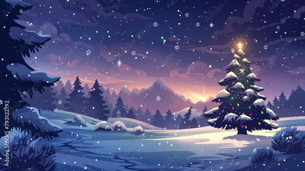 Snowy Christmas Landscape with Decorated Tree