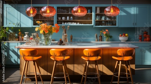 b'Blue and orange kitchen with flowers on the counter'