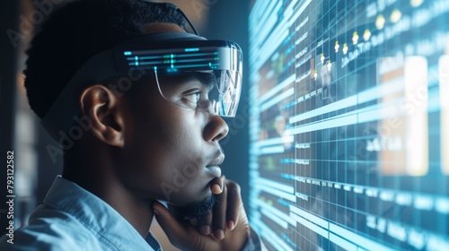 b'A black man wearing augmented reality glasses looks at a screen' photo