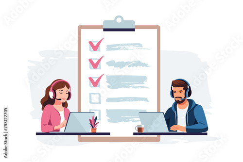 Survey concept. Feedback from customers or opinion form. Client answers understanding with professional research team. Characters filling survey form.