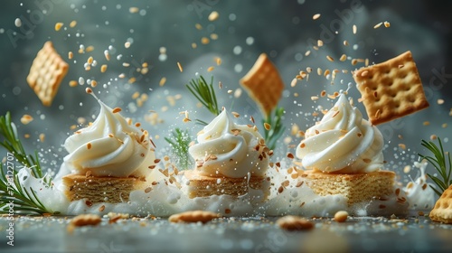  A group of crackers topped with whipped cream and sprinkles is encircled by additional crackers and sprinkles