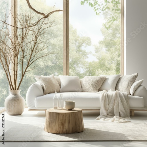 b'Bright airy living room interior with large windows and white comfortable sofa' © duyina1990