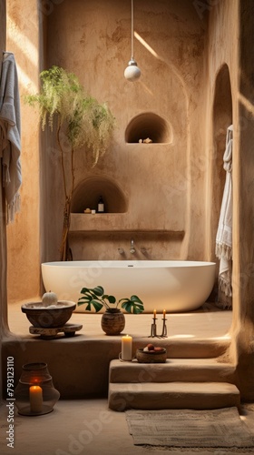b'Earthen bathroom interior with bathtub, plants, and candles'
