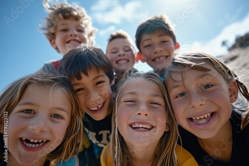 Group of children smiling and looking at camera on sunny day. Selective focus. © Inigo
