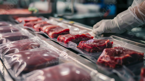 Close up of a food factory worker packing meat into the plastic on a packing machine. Expense of a meat photo