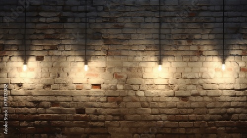 b'Grunge texture of old brick wall with light bulbs'